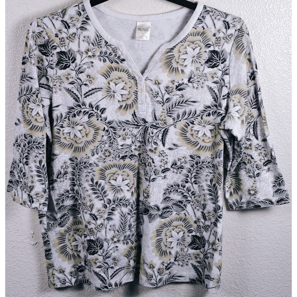 Blair Women’s Tunic Multicolor Black/grey 3/4 Slv Top Size S Bottom Collar